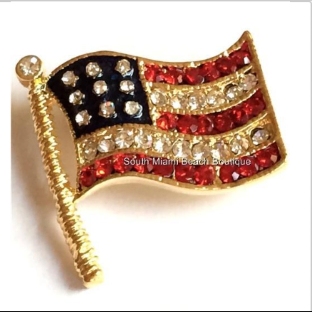 Gold American Flag Pin Brooch Crystal Enamel USA